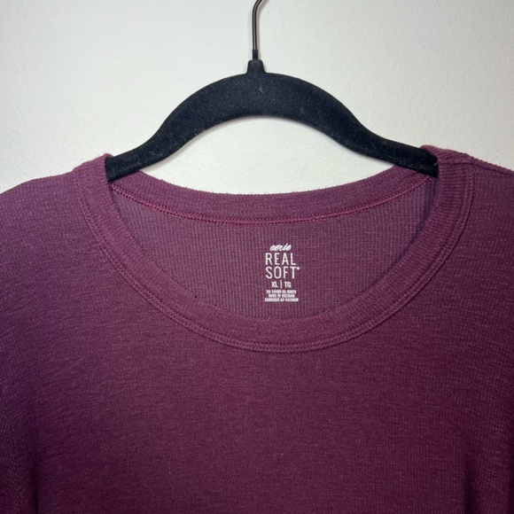 Aerie Real Soft Ribbed Shirt Burgundy Long Sleeve Round Neck Stretch Top Size XL - Picture 3 of 10